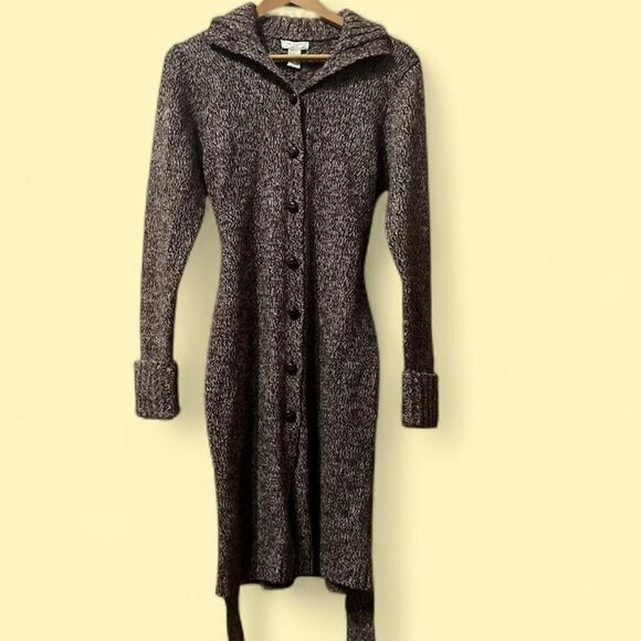 Vintage Dark Brown & Cream Heather 100% Lambswool Button Up Long cardigan W/Belt - Picture 1 of 6